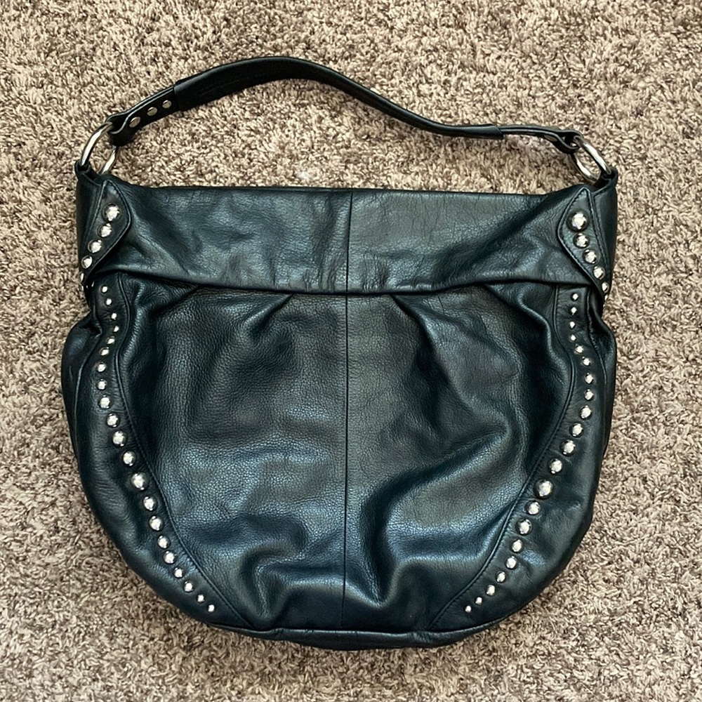 Black Leather Studded Purse w/ Leopard Print Interior